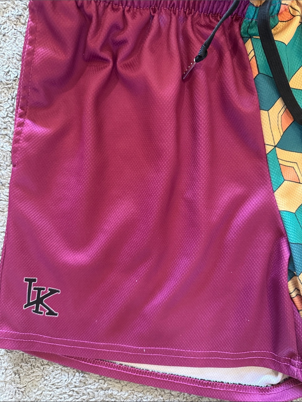 Boys Two-Tone Maroon and Teal Geometric Athletic Shorts - Picture 2 of 3